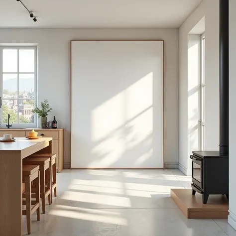 A large kitchen with a tiled floor and white walls with a large white painting on unframed canvas, furnished with a wooden table in the middle of the room, a bar with stools and a large wood-burning stove. The window shows a cityscape. Morning light.