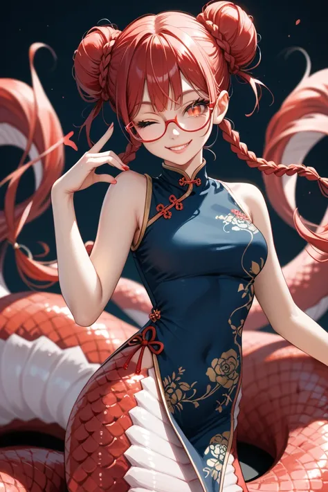 1girl,best quality,ultra detailed,(red glasses),red hair,red eyes,slit pupil,double bun,long twintails,twin braids,Qipao,cheongsam,beautiful face,
devil eyes,smile,one eye closed,(red lamia),monster girl,blowing kiss,o3o,glamorous,anime,rating_safe