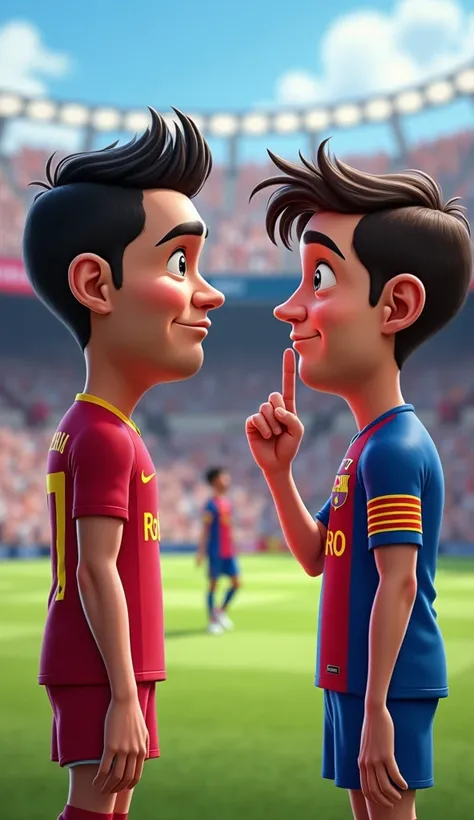  Realistic cartoon of Ronaldo staring at Messi and putting a finger to his lips, asking him not to say anything .  taken with Sony Alpha a9 II and Sony FE 200-600mm f /5.6-6.3 G OSS, natural light,  hyperrealistic photography , ultra detailed with Bezas la...