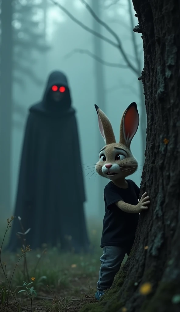 A sinister witch with glowing red eyes, dressed in a tattered black cloak, standing menacingly in a foggy forest clearing. A frightened 3D Pixar-style rabbit bunny, wearing a black t-shirt and gray jeans, peeks nervously from behind a tree, with the dense ...