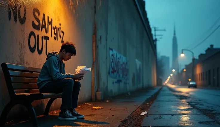 An emotionally charged cinematic scene set at dusk on a deserted urban street. A lone young adult, dressed in slightly worn-out casual clothes, is sitting on the edge of a broken bench under a flickering streetlight. Their body language speaks of defeat—he...