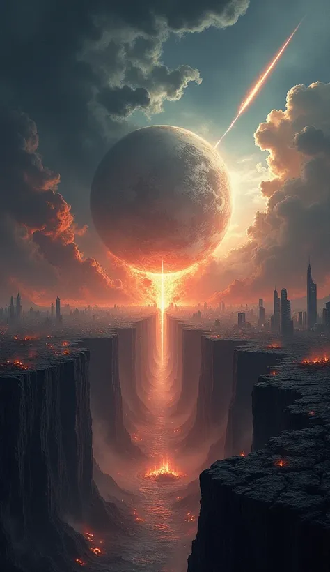 Depict the destruction of Earth in a cataclysmic scene. The ground splits apart with massive chasms, cities crumble into dust, and mountains are leveled into flat plains. The sky is darkened, filled with swirling black clouds, lightning, and fiery meteors ...