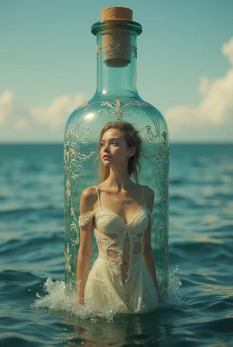 An imaginative image, with 8K high-resolution detail, of an Sweedish woman dressed in a sheer, torn dress, and she is inside an ornately etched dappled glass bottle shaken by the waves of time represented by the waves of a distant ocean. A woman is trapped...