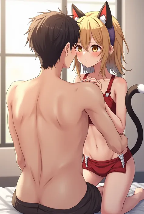 Anime girl with cat ears and tail , She has a giant butt . Hes completely naked and a girl is licking him . The girl has a very skinny waist