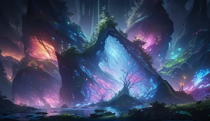 Night time, dark, fantasy-themed artwork featuring a magical forest. glowing trees, a small waterfall, some mysterious creatures like fairies or glowing wolves. The overall vibe should feel magical and vibrant, with lots of bright blues and greens.Masterpi...