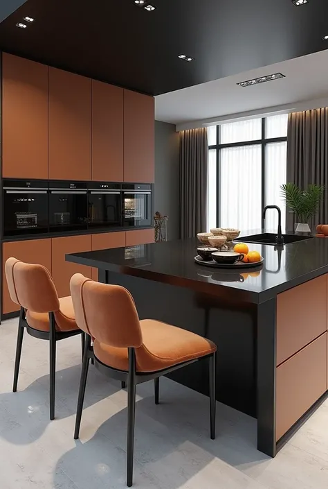 Professional 3d architecture perspective  rendering design of modern and minimal and high tech design for  elegant  and  luxurious kitchen  with trout color  cabinets and elegant velvet  dark steel 3 chairs and  black glassy for island’s surface and modern...