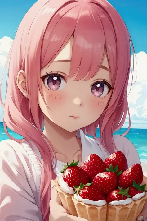 Cute girl, strawberries,  pastel colors  