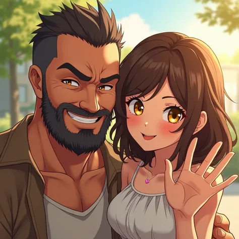 2 personnages style anime fantasy réaliste : (1 dad male with sharp features, short brown hair, yellow eyes, intense piercing eyes, furrowed brow, beard and mustache, gentle and smiling expression)(1 petite fille, cheveux très long détachés marron ondulés,...