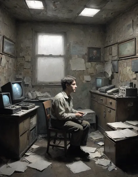  Dark old lab room , , a young scientist sits with his back to the viewer in front of a tube TV ,  connected Next to the .  Screen TVs are the only bright light source in almost complete darkness,  video cassette player, the faint glow of a small lamp unde...