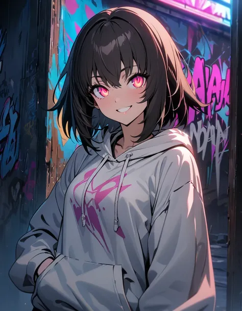 masterpiece,  best quality, 8k, detailed background, masterpiece,  best quality, smile,  small hips ,  hoodies , Portraiture, Aya Shameimaru, graffiti, dark, night, Shining Eyes,  black light, Flanders Scarlet