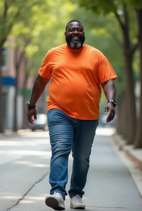 **Description:** A fat man walking confidently down the street on a sunny day. he has dark skin,  short hair and well-trimmed beard .  He wears a vibrant colored casual t-shirt , Comfortable jeans and sneakers.  Your posture is relaxed , but safer,  and he...