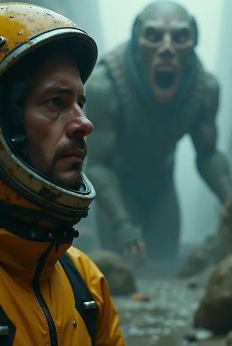 Main Visual: A close-up of the cosmonauts face wearing a yelloew spacesuit, black chemical gloves showing fear or tension, with a giant dead human face on a giant snakes body no arms and legs creature movs like a snake in the background. The creature shoul...