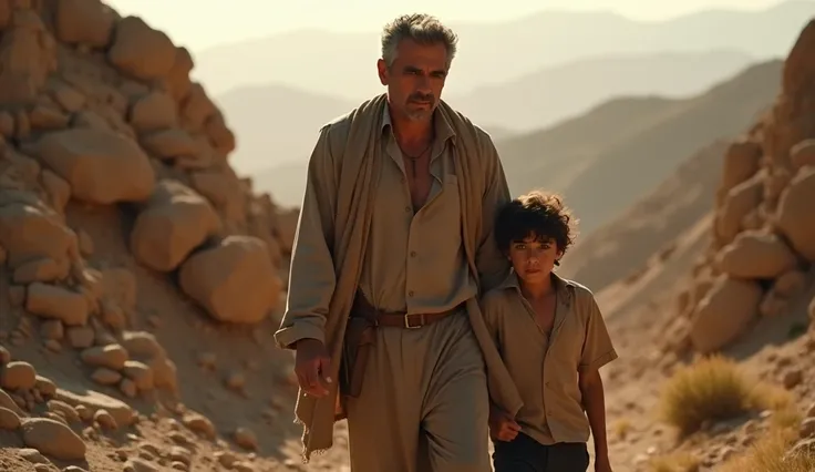 A middle-aged man with olive skin, short graying hair, and deep-set brown eyes, walking beside a young boy of about twelve, with dark, wavy hair and innocent eyes. They move up a rugged desert mountain path in the early morning light. The atmosphere is som...