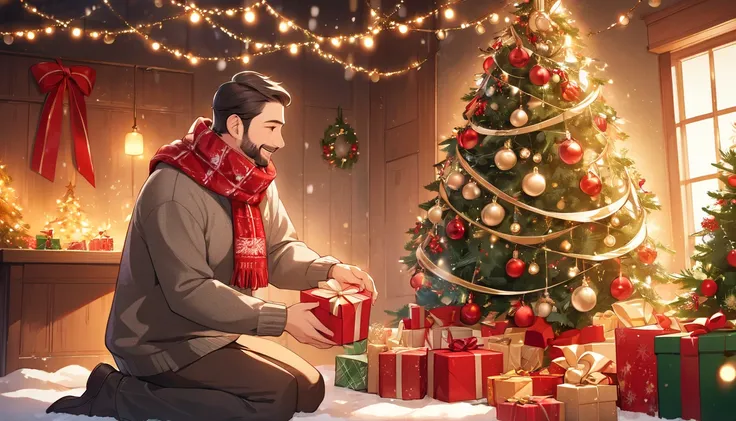 A warm Christmas scene where both a father and his young  are prominently visible. The father, wearing a cozy winter sweater, is kneeling or bending slightly to hand a beautifully wrapped gift with a shiny ribbon to his . The , dressed in a warm festive sw...