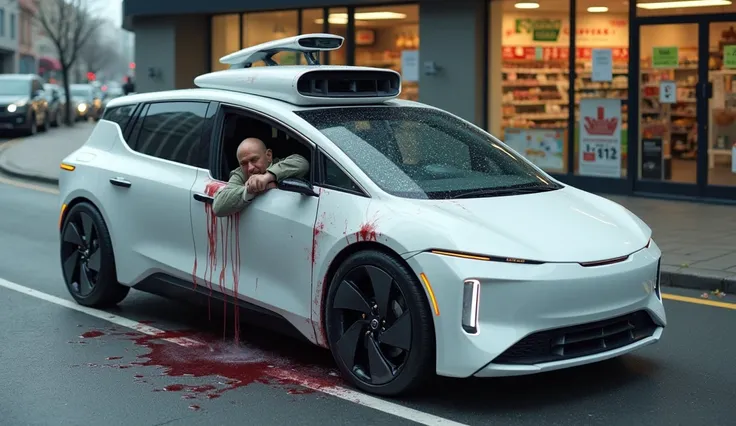 A futuristic white self-driving car crashed into a convenience store on the road and caused great damage, with a man in the backseat bleeding through a window and dying. There is no one in the front seat. The bleeding man is an office worker. An office wor...