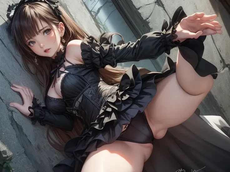 masterpiece,   best quality,    Ultra High Definition CG Unity 8K Wallpaper , (  beautiful woman ) , ((  flat chested,Thighs)),   ((Gothic Lolita Clothing))((  absolute domain )), ((pubic_hair)),   Oil Skin, ( enchanting smile with your back against the wa...