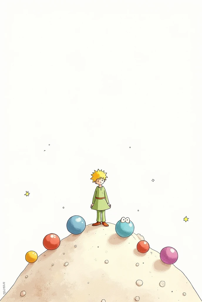 An image from the novel The Little Prince in which 7 asteroids appear on a white background, each asteroid of a different color, and above each asteroid a character of the little prince appears and everything in the drawing style of the novel that is all o...