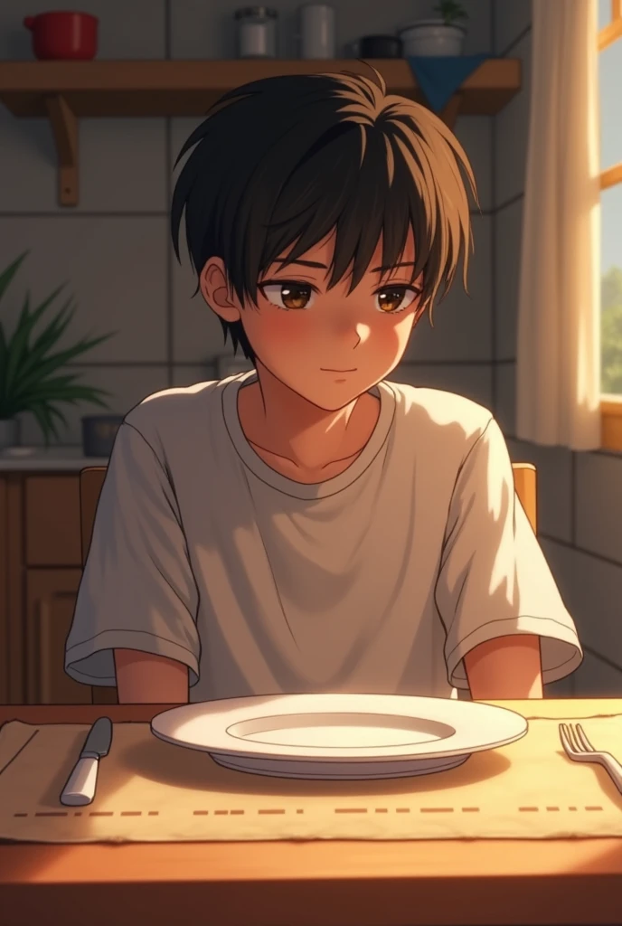 A teenager eating at the table, That the plate is empty  