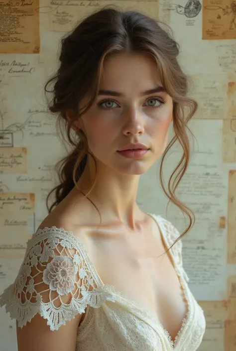 À la Fed image of a girl in a white lace dress and Leonardo da Vinci notes background, stunning young ethereal figure, portrait of a magical girl, portrait of a young witch girl, girl in steampunk clothes, musician girl in lace clothes, Natalia Dyer, Daphn...