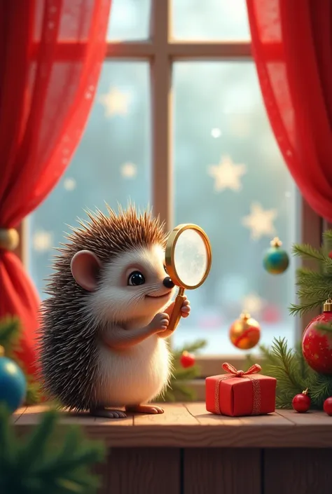 Little hedgehog with magnifying glass is looking for Christmas balls 
Window red curtains 