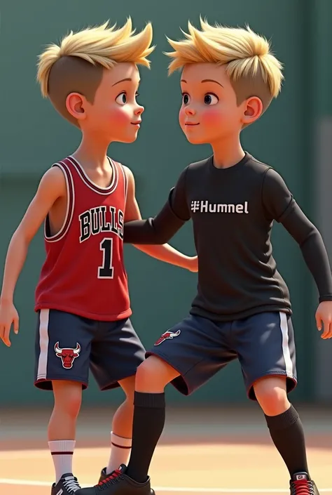 Create two realistic 14-year old boys in sports lessons.  He has blond hair and his hairstyle is a lowfade . He wears shorts and jersey from the basketball team Bulls and wears a black longsleeve from Hummel over his arms. Just like over his legs 