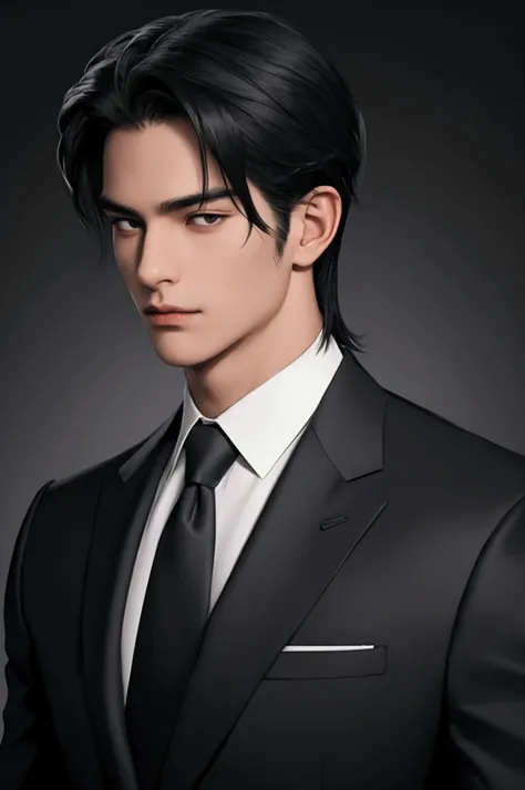  with dark hair, Medium-length hair,  wearing a black suit, Detailed portrait of a man with a toned muscular body ,  black eyes 