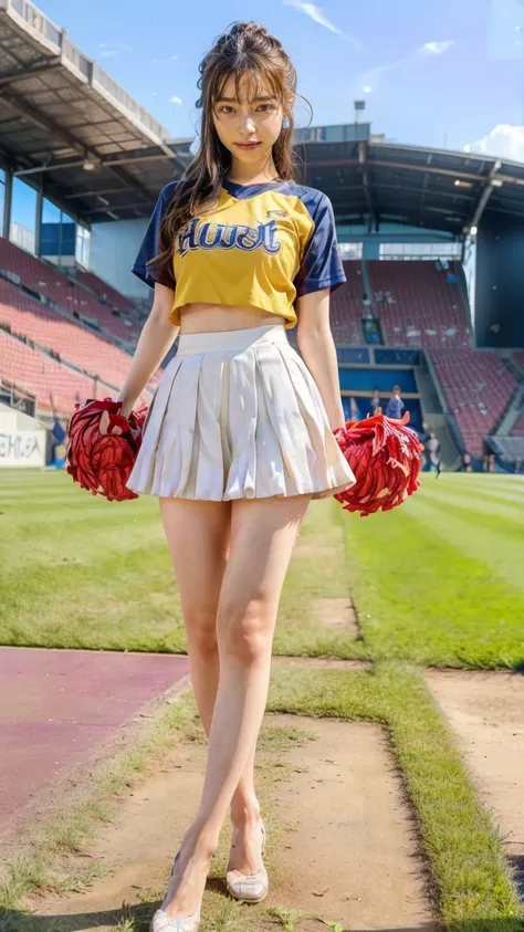 A beautiful young Japanese woman, 20 years old, with perfect anatomy, healthy thighs, beautiful feet, flawless skin, random hair color and style, large bust, wearing a cheerleader uniform with micro-pleated miniskirt, in a full-body shot, standing in a sta...