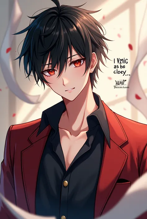  1 male anime character , black hair red eyes ,  angle tilts the person to the right arrogant but seemingly warm.  Beautiful material student shirt , delicate. Handsome handwritten , xung quang là giấy thi bay phấp phới