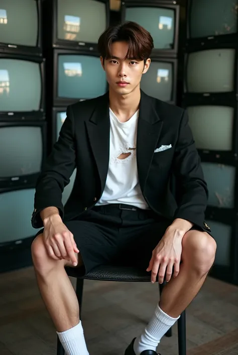 Handsome Korean Young Guy, Photoshoot, At Room With Broken Televisions with Broken Screen as Background, Wearing Black Suit, Sitting at the Chairs, Ripped White T-Shirt, Black Short Pants, Wearing White Socks, Black Shoes, Detailed, Detailed Face, Detailed...