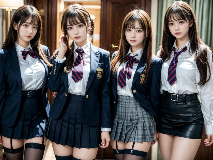 muster piece, best quality, illustration, Super detailed, fine details, High resolution, 8K,wall paper, perfect dynamic composition,(Details High quality, realistic depiction of eyes:1.3), ((3 girls, 3schoolgirls)), The background is a luxury hotel room、Hi...