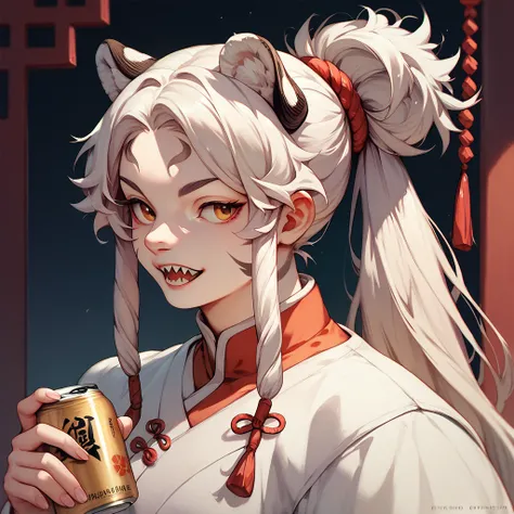 A young white tiger , hairstyle ( long hair)Tie up ,  and wear a white robe,  squinting and grinning ,  can see sharp teeth ,Chinese ancient style