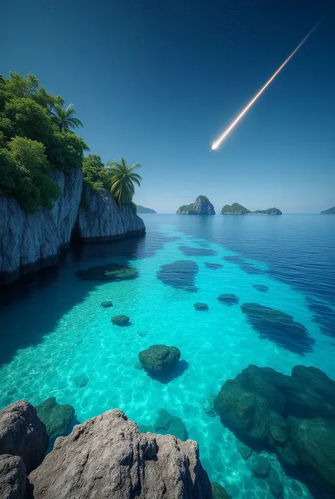 Spectacular nature 、 Highly transparent Maldivian-like ocean、 high definition , accurate, 最高quality,  HD Model, quality, 高quality,  no people、 super real 、meteor