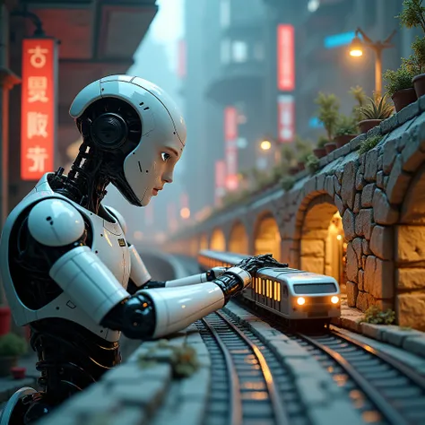 masterpiece, Everyday Life in the Future World , humanoid AI is playing with Diorama Train, anatomically correct,  The diorama has a time tunnel,It connects the world of the past to the neon city ,indoor, high definition , 最 High Quality ,  high detail,  H...