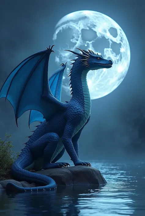 Make me a dragon that has a light blue belly dark blue back standing on a stone right in the picture I want it to be a gently flowing river the dragon looks towards me with his mouth open so that he can see from his throat with sharp teeth and behind the d...