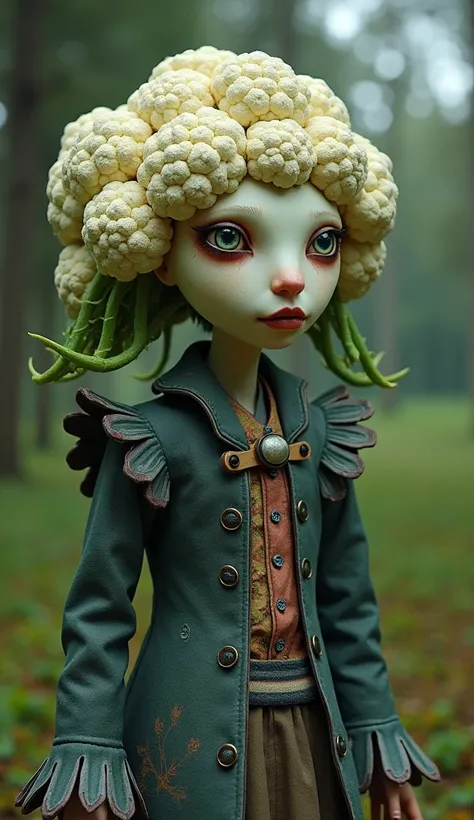 A supernatural humanoid  with a cauliflower head, human-like face, in the style of Alice in Wonderland, 3 playing cauliflower ren, extremely detailed clothing, full body shot, 4k 8k realistic, masterpiece