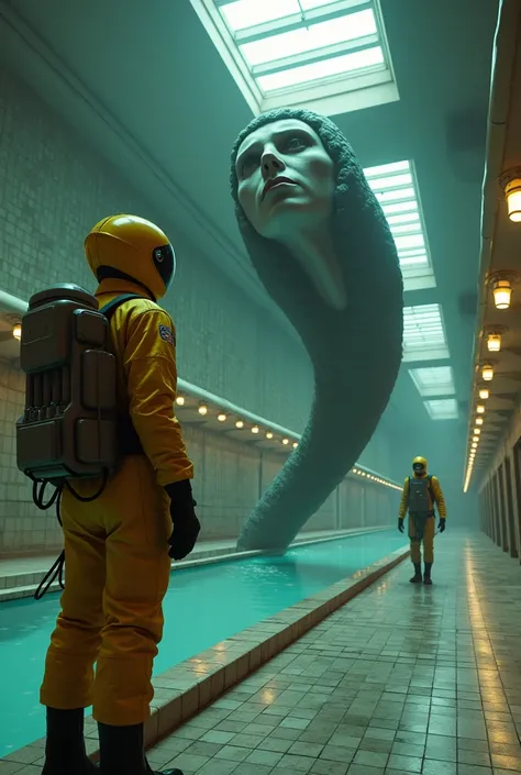 Main Visual: A close-up of the cosmonauts face wearing a yelloew spacesuit, black chemical gloves and boots showing fear or tension, with a giant dead human face on a giant snakes body no arms and legs creature moves like a snake in the background chasing ...