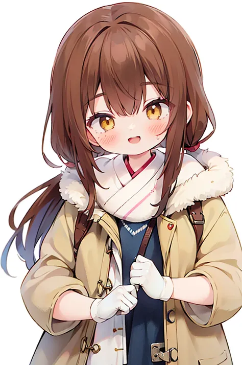 Osaki Amane, 1 Girl, have, gloves,  long hair,  unique ,  white background, fur have,  Smile,   brown hair  , looking at viewer,  yellow eyes ,  simple background,  fur trimming , Open your mouth, coat,  blush, Winter Clothing, braid, white coat, v, long s...