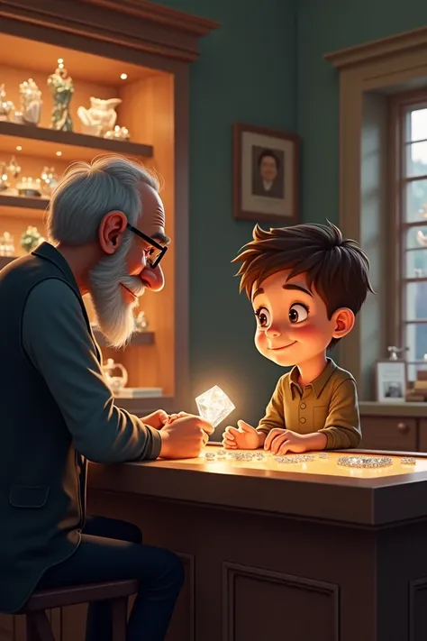 
4. Scene 4: At the jeweler’s shop.

The jeweler recognizes the stone as a priceless diamond and expresses its real value.
A talking conversation between ten years old boy and jewellers.