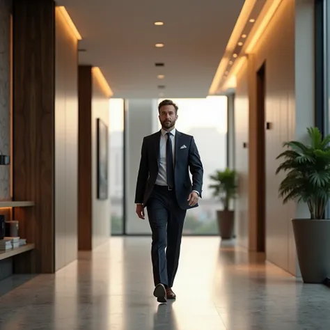 Business leader walking through a modern office corridor, natural light and interior lighting blending harmoniously