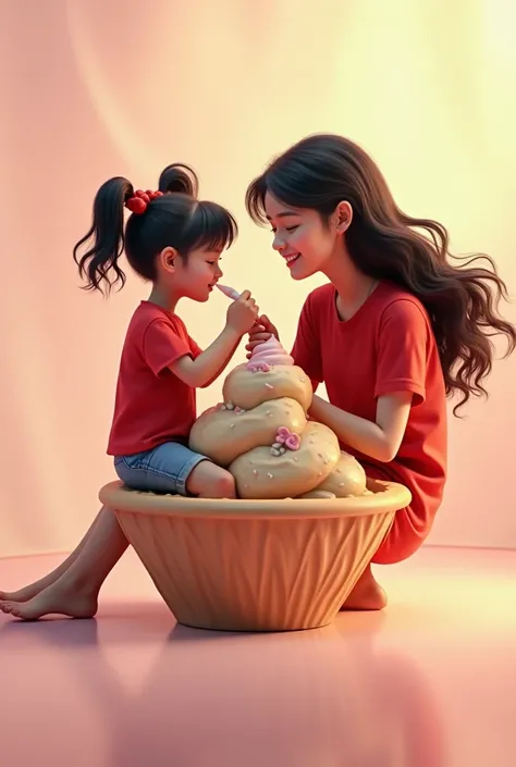  A 30 year old woman with long black hair and wearing a red oversize t-shirt .  And a beautiful little Indonesian girl of  wears a red t-shirt and short jeans and her hair curls in a pigtail.The girl is sitting with the boy is looking towards the camera an...