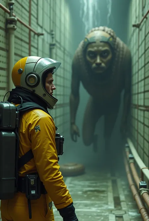 Main Visual: A close-up of the cosmonauts face wearing a yelloew spacesuit, black chemical gloves and boots showing fear or tension, with a giant dead human face on a giant snakes body no arms and legs creature moves like a snake in the background chasing ...