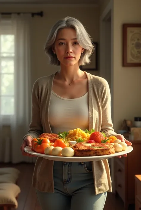 A woman in her house, carrying a plate with huge bigger food 