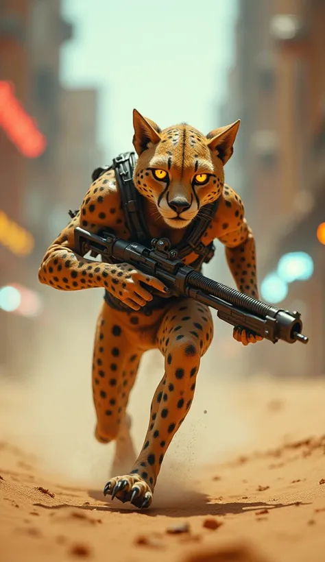 "A humanoid with the head and spotted fur of a cheetah, running at incredible speed through a futuristic desert city, its muscular, agile frame blurring with motion, glowing yellow eyes, clawed hands gripping a high-tech weapon, hyperrealistic textures wit...