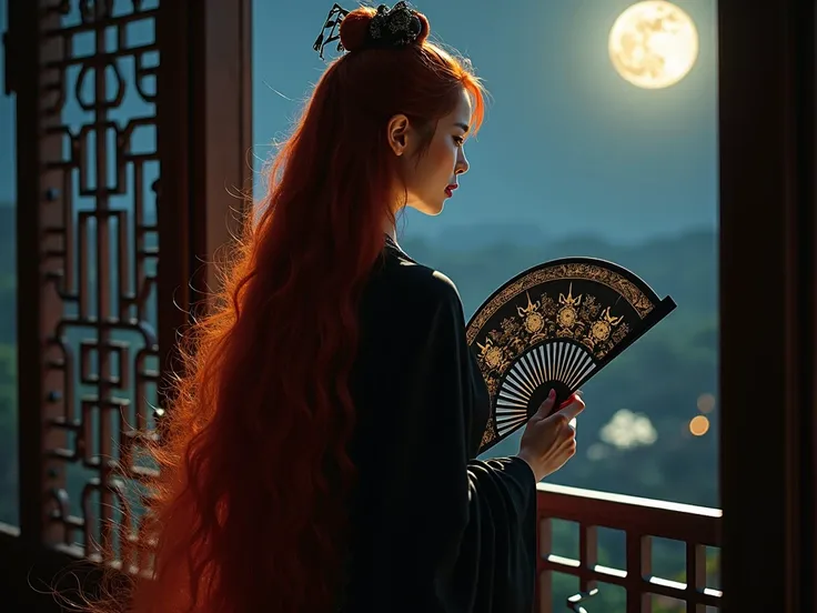 An ultra beautiful Asian woman long red-golden blue hair,
holding a very ultra ornate long black ancient lacquered Asian fighting fan, wearing a long black Chinese womans dressing gown,
in a darkened room of moonlight streak in through the opened balcony w...