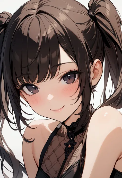 one girl, high twin tails, high pigtails, hair bangs, medium length hair, black hair, dark eyes, pretty face, slim, black dress, close up, smile, masterpiece, best quality