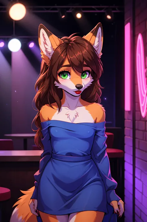  Best quality ,  furry male fox with green eyes,  with brown long hair , with a black spout, with red lipstick on her lips, big lips,  in a blue dress with long sleeves, a femboy, crossdressing, shy, off-the-shoulder dress, flirts, portrait, against the ba...