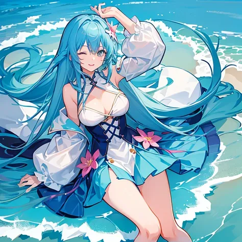 She has long, aqua blue hair, a cheerful personality, and a beautiful body with healthy, lustrous skin。Her occupation is a magic swordsman、She has big, round black eyes that seem to draw you in、She is wearing a beautiful white and pink outfit。Her chest is ...