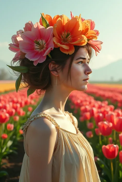 A  man person with her hair turned into a tulip crown in a tulip field.