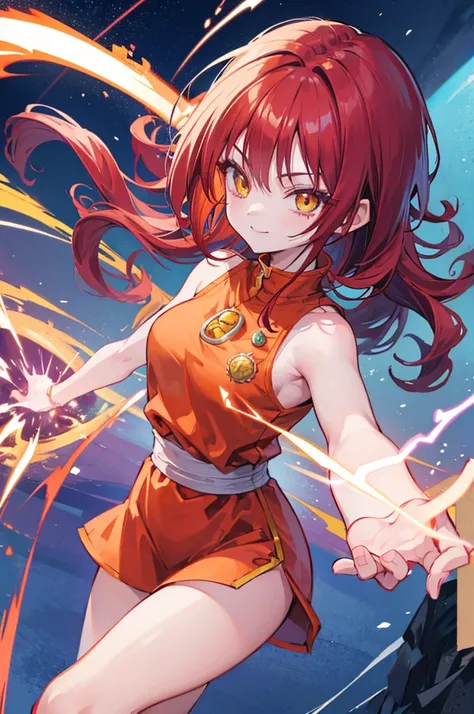 dragon ball, cute saiyan girl, little young, crimson hair, yellow eyes, , smile, electricity, aura, energy, focus on face, combat outfit