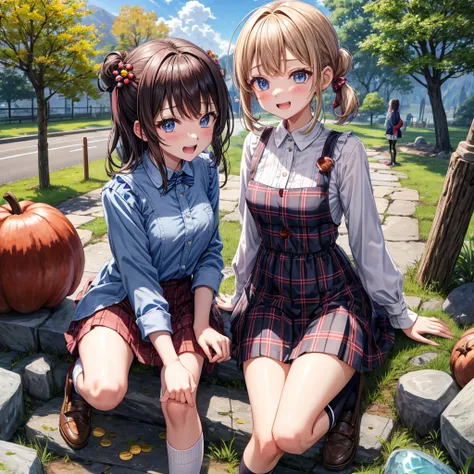 Chestnut Hair、 blue eyes、 with hair tied 、Two cute、 plaid miniskirt、 BLACK T-SHIRT、 Long Sleeve 、 dress、 striped high socks、Teeth are visible、lawn、The stone is cracked、Uneven ground、The road is curved、Large autumn tree、Mountain々、isolated island、iridescent ...